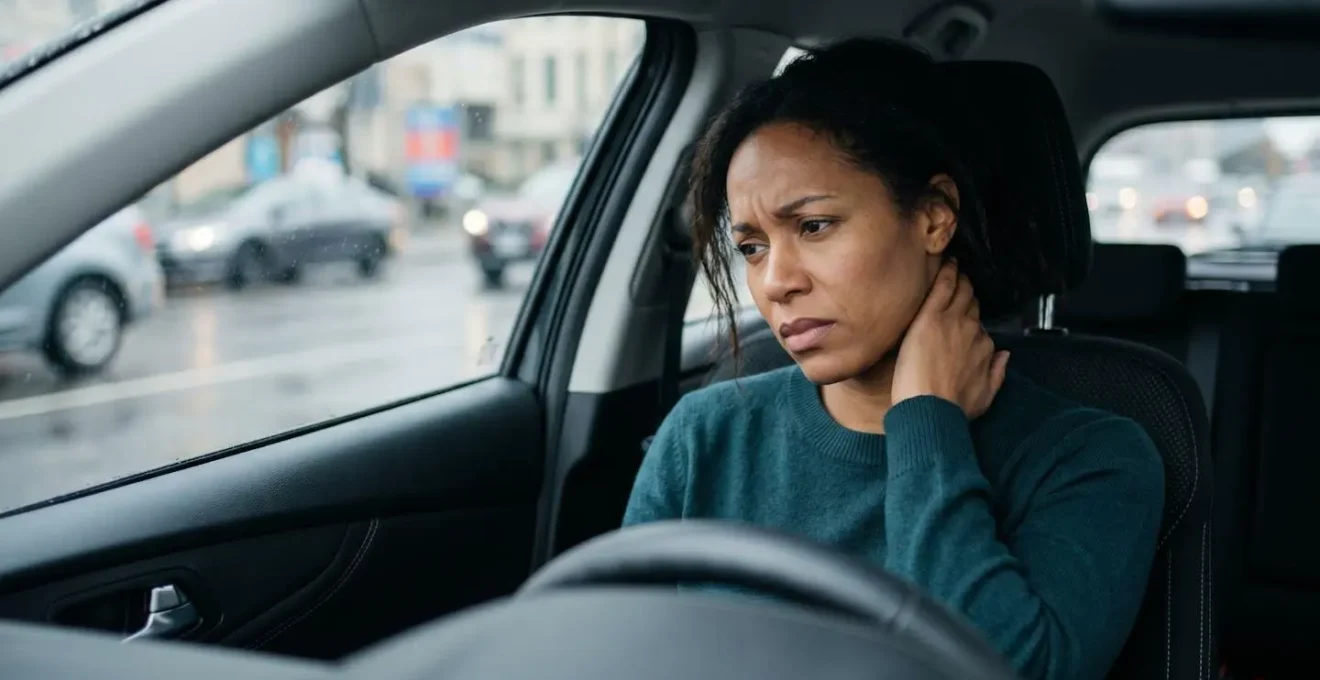 Victime d'accident de la route ressentant des douleurs cervicales après une collision, illustrant l'importance de bien remplir le constat amiable