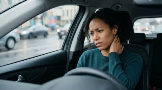 Victime d'accident de la route ressentant des douleurs cervicales après une collision, illustrant l'importance de bien remplir le constat amiable