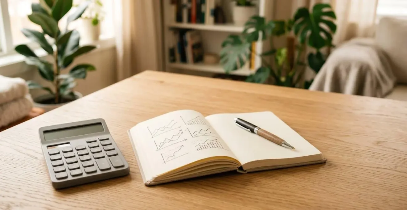 Calculatrice et documents financiers sur un bureau minimaliste illustrant l'audit patrimonial accessible