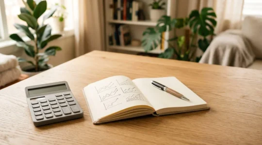 Calculatrice et documents financiers sur un bureau minimaliste illustrant l'audit patrimonial accessible