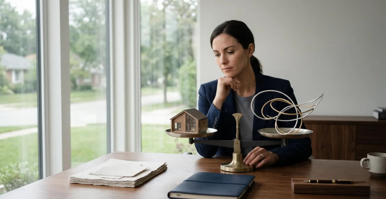 Bureau moderne avec documents bancaires et balance symbolisant le choix entre domiciliation bancaire et liberté financière pour un crédit immobilier