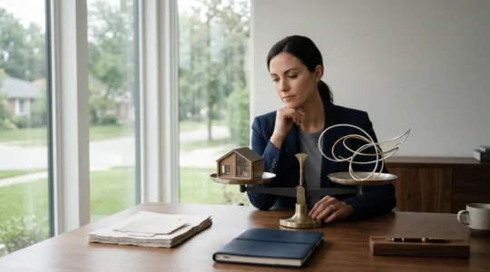 Bureau moderne avec documents bancaires et balance symbolisant le choix entre domiciliation bancaire et liberté financière pour un crédit immobilier