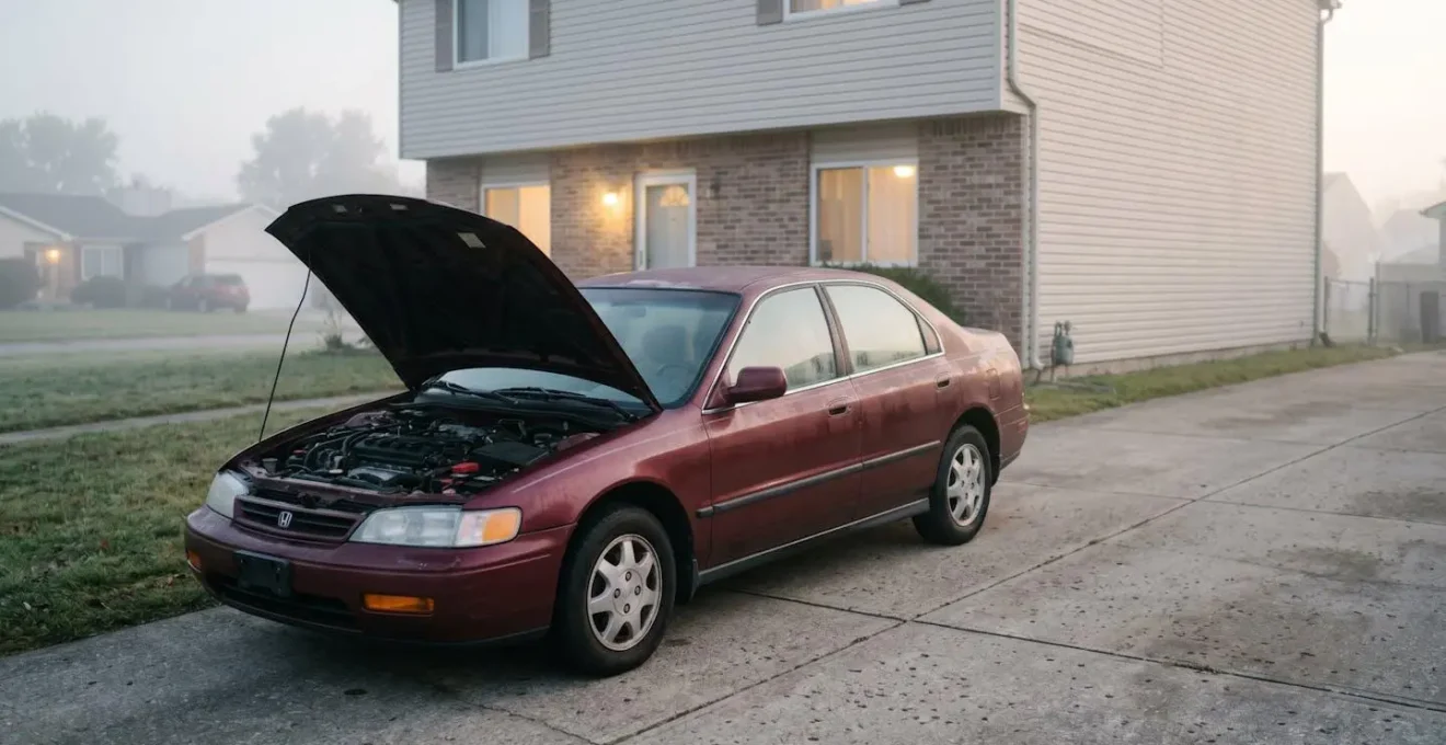 Vieille voiture immobilisée devant une maison avec capot ouvert révélant une batterie déchargée