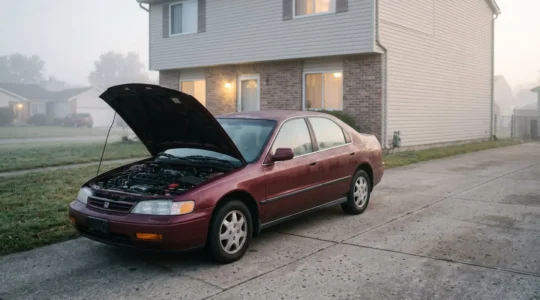 Vieille voiture immobilisée devant une maison avec capot ouvert révélant une batterie déchargée
