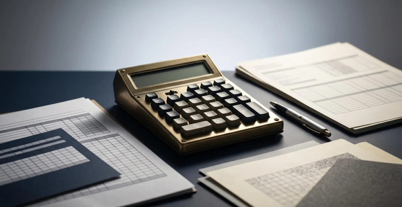 Documents financiers et calculatrice sur un bureau pour le calcul de la marge brute assurable