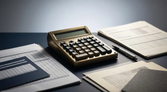 Documents financiers et calculatrice sur un bureau pour le calcul de la marge brute assurable