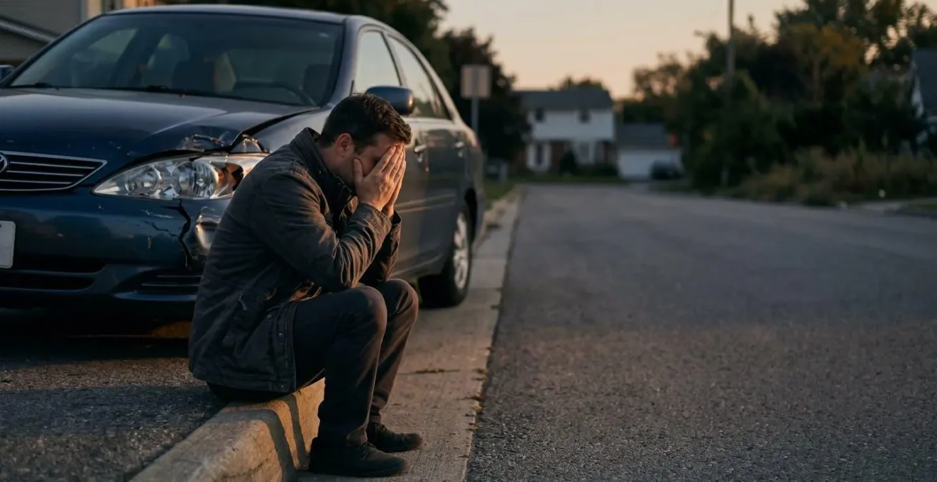 Scène dramatique illustrant les conséquences d'un accident de voiture responsable pour le conducteur seul