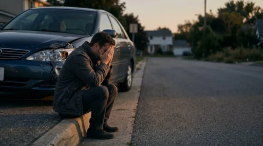 Scène dramatique illustrant les conséquences d'un accident de voiture responsable pour le conducteur seul