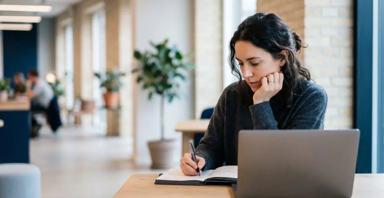 Professionnel indépendant travaillant sur ordinateur dans un espace moderne, symbolisant les risques immatériels du conseil