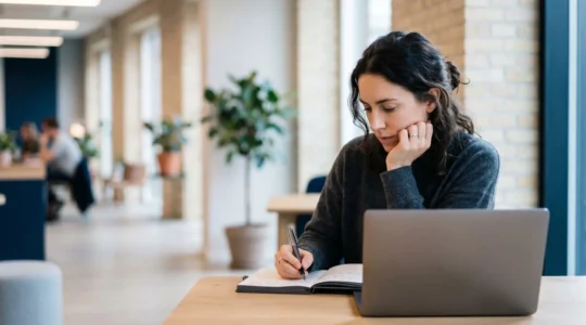 Professionnel indépendant travaillant sur ordinateur dans un espace moderne, symbolisant les risques immatériels du conseil