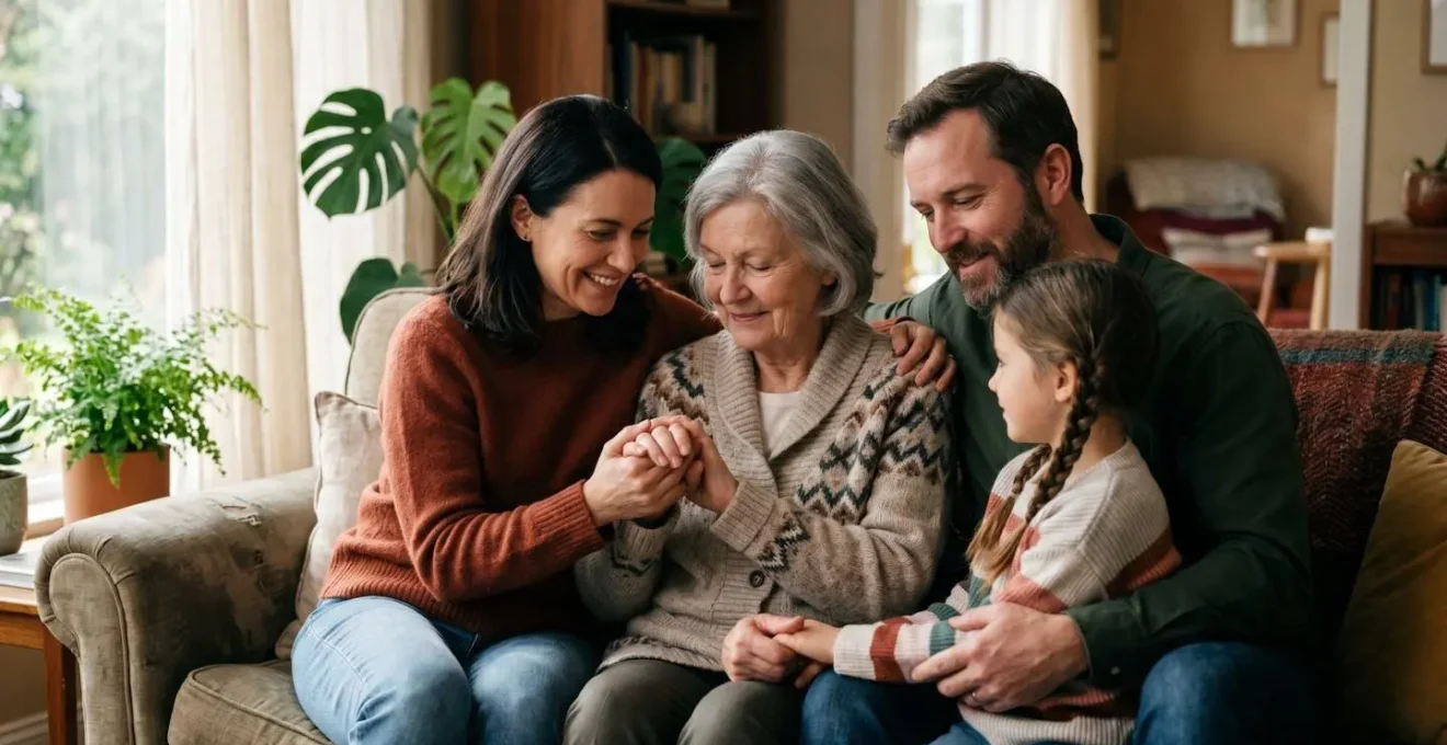 Moment de sérénité familiale évoquant la protection et la prévoyance pour l'avenir