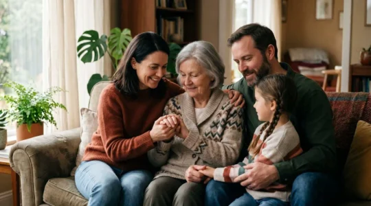 Moment de sérénité familiale évoquant la protection et la prévoyance pour l'avenir