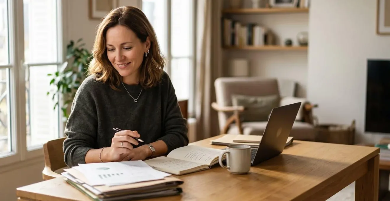 Personne organisée travaillant sur ses finances avec des documents administratifs et un ordinateur portable dans un environnement professionnel