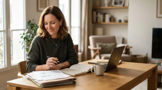 Personne organisée travaillant sur ses finances avec des documents administratifs et un ordinateur portable dans un environnement professionnel