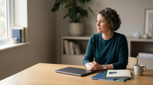 Personne réfléchissant face à des documents financiers dans un environnement calme et rassurant