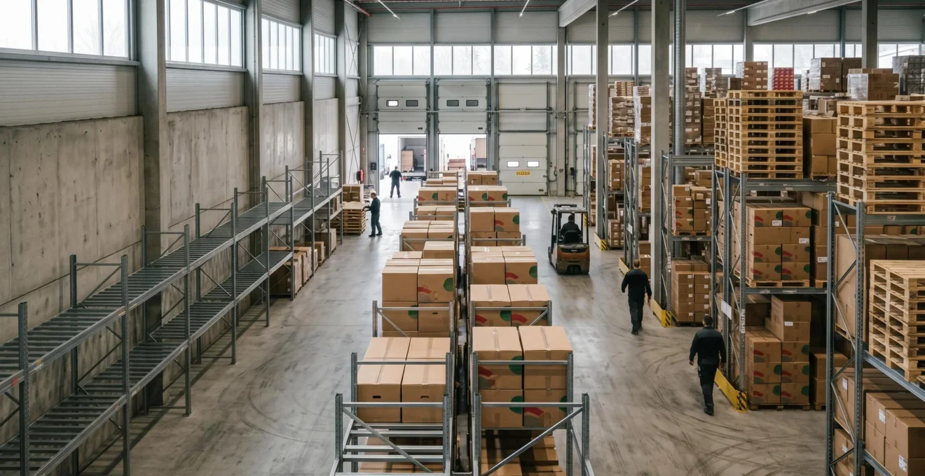 Vue d'ensemble d'un entrepôt logistique moderne pendant la période de Noël illustrant la gestion optimisée des stocks saisonniers