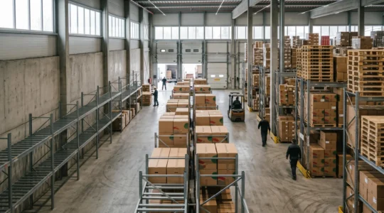 Vue d'ensemble d'un entrepôt logistique moderne pendant la période de Noël illustrant la gestion optimisée des stocks saisonniers