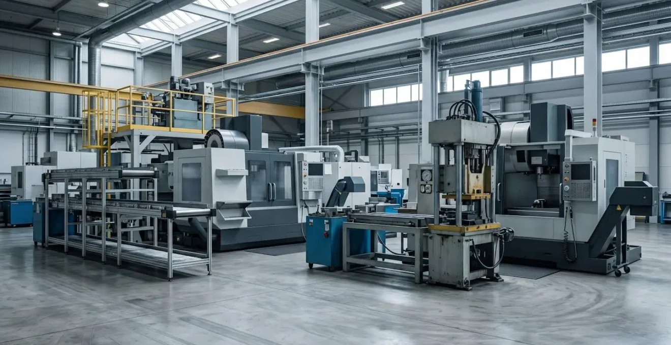 Machines industrielles dans un environnement de production moderne illustrant les enjeux d'indemnisation après sinistre