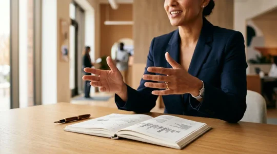 Consultation bancaire professionnelle montrant des documents financiers et une discussion stratégique sur la réduction des frais