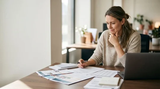 Primo-accédant consultant des documents immobiliers et financiers dans un environnement professionnel