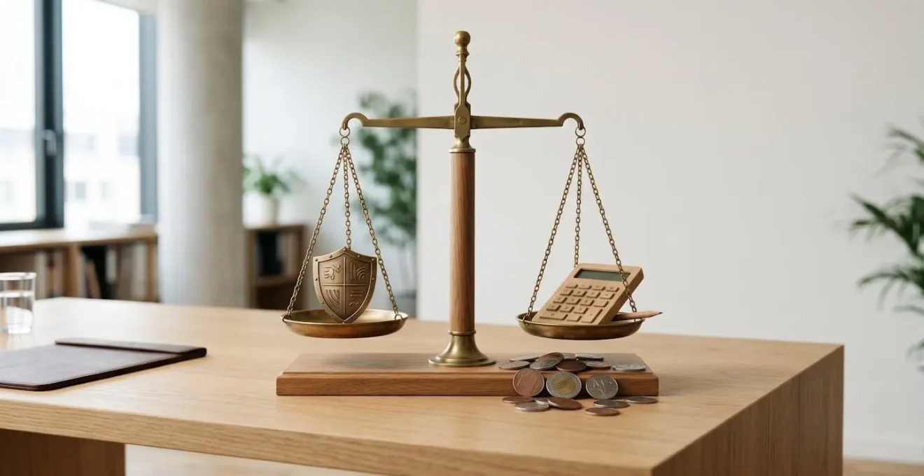 Balance symbolique pesant les coûts entre protection juridique et honoraires d'avocat pour une TPE