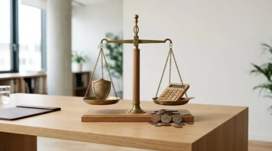 Balance symbolique pesant les coûts entre protection juridique et honoraires d'avocat pour une TPE