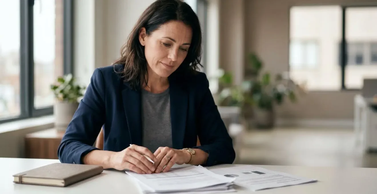 Travailleur indépendant consultant ses documents de prévoyance dans un bureau lumineux