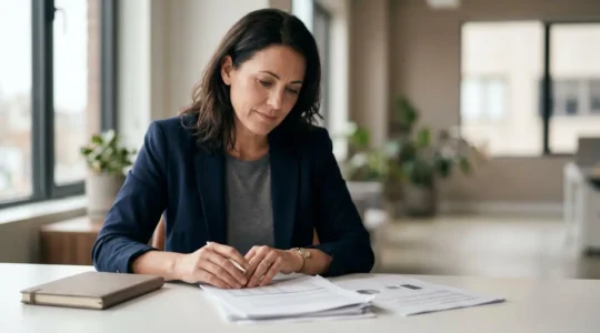 Travailleur indépendant consultant ses documents de prévoyance dans un bureau lumineux