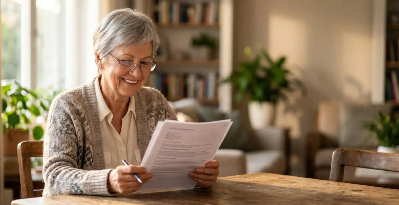 Senior souriant consultant des documents de santé dans un environnement lumineux et rassurant