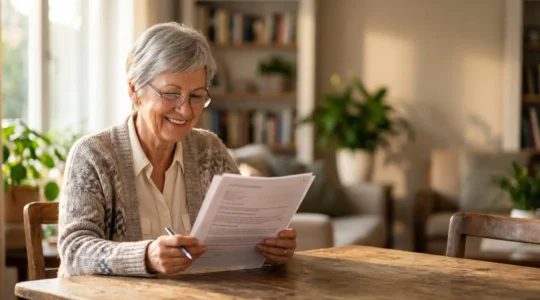 Senior souriant consultant des documents de santé dans un environnement lumineux et rassurant