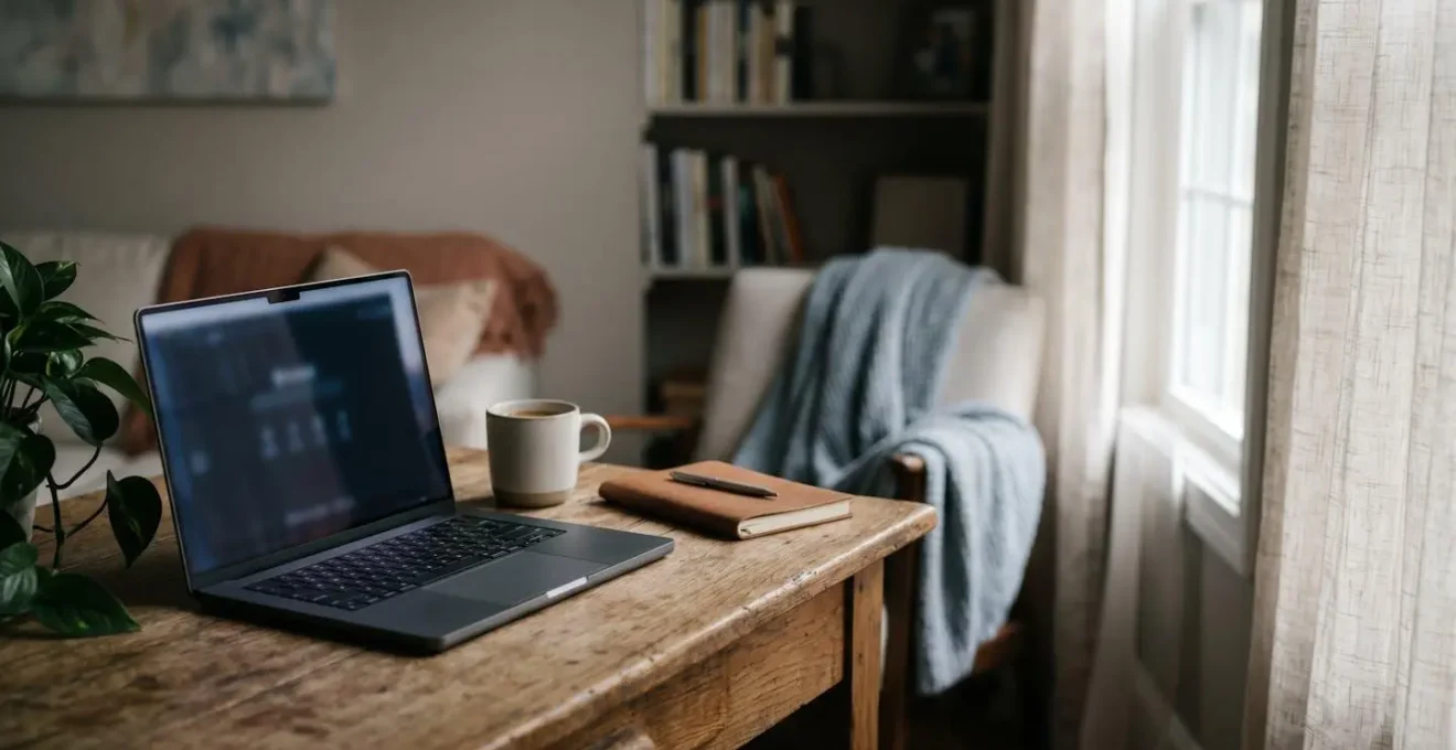 Bureau à domicile avec ordinateur portable et documents, illustrant la zone grise entre espace professionnel et habitation personnelle