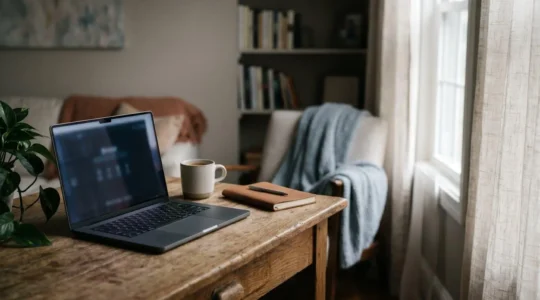 Bureau à domicile avec ordinateur portable et documents, illustrant la zone grise entre espace professionnel et habitation personnelle