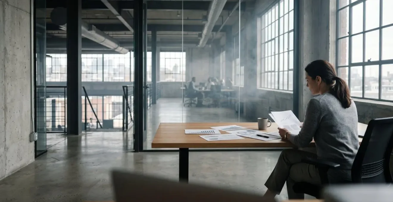 Espace industriel moderne avec éléments symbolisant la gestion financière en situation de crise