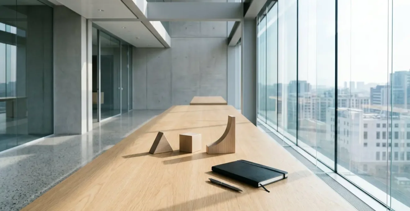 Vue panoramique d'un espace de travail minimaliste montrant une gestion financière professionnelle avec des éléments symbolisant la sécurité et la croissance