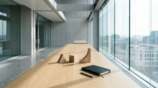 Vue panoramique d'un espace de travail minimaliste montrant une gestion financière professionnelle avec des éléments symbolisant la sécurité et la croissance