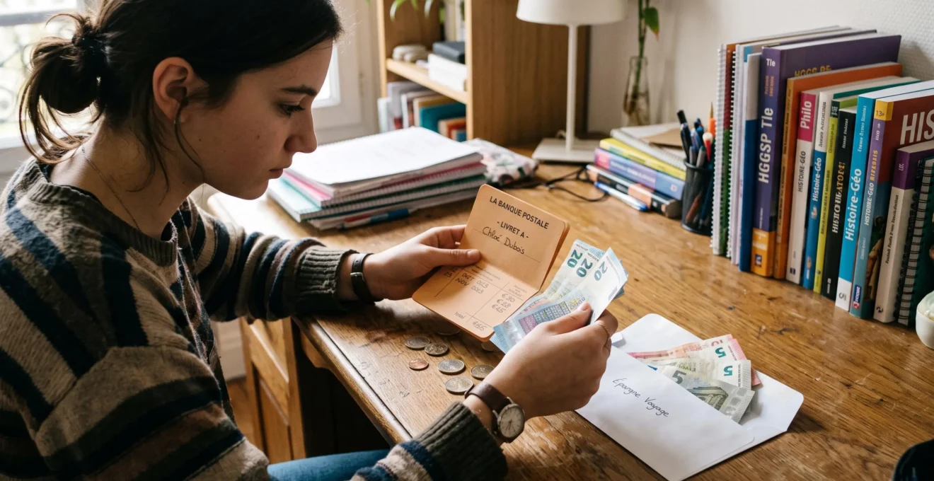 Un adolescent compte des billets devant son livret d'épargne ouvert sur un bureau.