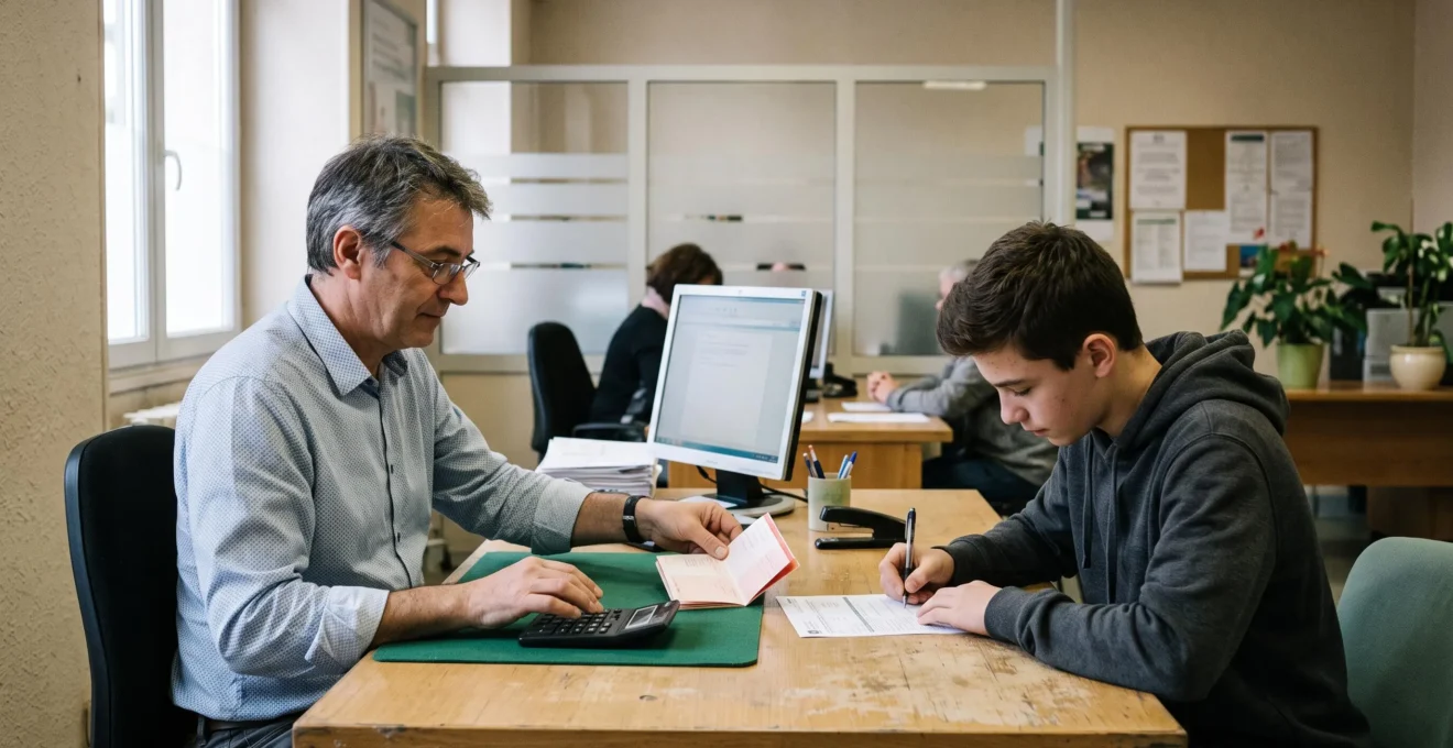 Un conseiller bancaire remet un livret d'épargne à un adolescent en agence.