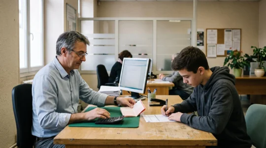Un conseiller bancaire remet un livret d'épargne à un adolescent en agence.