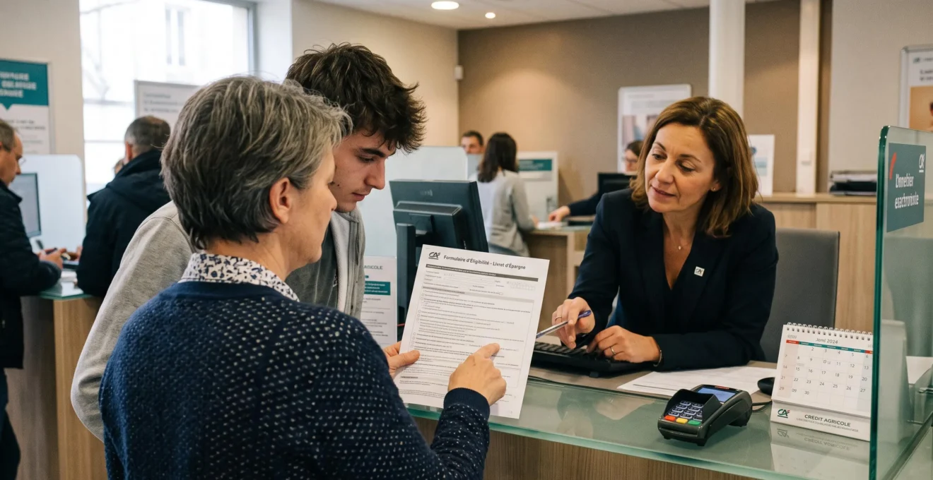 Un parent et son enfant remplissent un formulaire d'ouverture au comptoir d'une agence.
